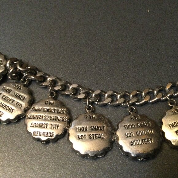 Ten Commandments & Lords Prayer Bracelet 6.5" Silver-tone Metal 2.5 oz Vintage - Picture 3 of 11